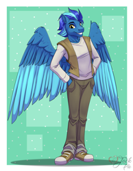 Size: 3500x4500 | Tagged: safe, artist:jack-pie, oc, oc only, pegasus, anthro, plantigrade anthro, border, clothes, colored wings, commission, converse, hand in pocket, high res, male, multicolored wings, pants, passepartout, pegasus oc, shoes, signature, smiling, solo, wings