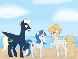 Size: 2809x2134 | Tagged: safe, artist:maddymoiselle, oc, oc only, oc:mission belle, oc:rockwell, oc:silver strand, earth pony, pegasus, pony, unicorn, 2017, beach, earth pony oc, facial hair, female, high res, horn, male, mare, moustache, pegasus oc, raised hoof, stallion, trio, unicorn oc