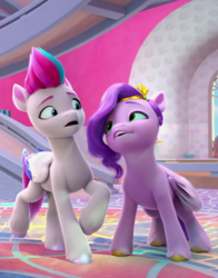 Size: 708x904 | Tagged: safe, screencap, pipp petals, zipp storm, pegasus, pony, g5, my little pony: make your mark, my little pony: make your mark chapter 1, spoiler:my little pony: make your mark, cropped, duo, female, siblings, sisters