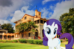 Size: 2802x1865 | Tagged: safe, artist:dashiesparkle, artist:mlplover94, rarity, pony, unicorn, g4, female, florida, high res, house, irl, looking at you, mare, miami, photo, ponies in real life, smiling, solo