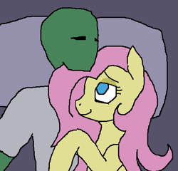 Size: 508x487 | Tagged: safe, artist:swegmeiser, fluttershy, oc, oc:anon, human, pony, g4, 1000 hours in ms paint, bed, human on pony snuggling, snuggling
