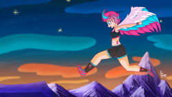 Size: 1024x576 | Tagged: safe, artist:alevargasmx, zipp storm, human, g5, belly button, clothes, colored wings, cutie mark on human, eyebrows, female, humanized, jumping, mountain, multicolored wings, open mouth, shorts, signature, solo, sports bra, sports shorts, spread wings, winged humanization, wings