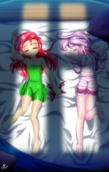 Size: 1969x3116 | Tagged: safe, artist:mauroz, apple bloom, sweetie belle, human, g4, anime, ass, barefoot, bed, breasts, butt, clothes, duo, eyes closed, feet, female, humanized, nightgown, pajamas, prone, sleeping, sleepover, slumber party