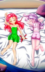 Size: 1969x3116 | Tagged: safe, alternate version, artist:mauroz, apple bloom, sweetie belle, human, anime, ass, barefoot, bed, breasts, butt, clothes, delicious flat chest, duo, eyes closed, feet, female, humanized, nightgown, pajamas, prone, sleeping, sleepover, slumber party, sweetie butt