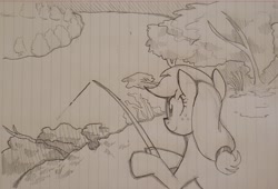 Size: 2266x1537 | Tagged: safe, artist:yidwags, applejack, earth pony, pony, g4, facing away, fishing, fishing rod, lined paper, monochrome, requested art, river, scenery, smiling, solo, traditional art, water
