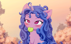 Size: 824x515 | Tagged: safe, artist:symbianl, artist:szafir87, izzy moonbow, pony, unicorn, g5, ambiguous facial structure, ball, bedroom eyes, blushing, chest fluff, cute, female, izzy's tennis ball, mare, messy mane, mid-blink screencap, mouth hold, nom, solo, tennis ball, that pony sure does love tennis balls