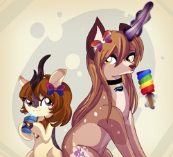 Size: 2674x2426 | Tagged: safe, artist:spookyle, oc, oc only, oc:alwina, oc:pumpkin spell, deer, deer pony, kirin, original species, high res, magic, pride flag