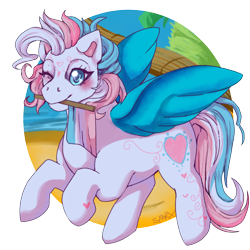 Size: 1600x1600 | Tagged: safe, artist:cinnamonsparx, star catcher, pegasus, pony, g3, colored wings, mouth hold, pride flag, solo, wings