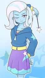 Size: 740x1280 | Tagged: safe, artist:batipin, trixie, human, equestria girls, g4, arm behind head, clothes, female, jacket, looking at you, magic wand, one eye closed, skirt, solo, wink, winking at you