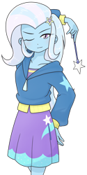 Size: 640x1280 | Tagged: safe, artist:batipin, trixie, human, equestria girls, g4, arm behind head, clothes, female, jacket, looking at you, magic wand, one eye closed, simple background, skirt, solo, transparent background, wink, winking at you