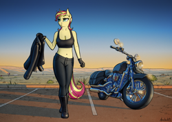Size: 3508x2480 | Tagged: safe, artist:apocheck13, sunset shimmer, unicorn, anthro, g4, belly button, biker, breasts, clothes, female, high res, jacket, leather jacket, midriff, motorcycle, pants, reasonably sized breasts, solo, sports bra