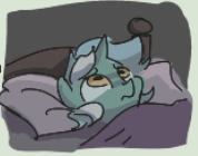Size: 178x140 | Tagged: safe, artist:plunger, lyra heartstrings, pony, unicorn, g4, bed, blanket, concerned, female, lowres, lying down, mare, on back, pillow, solo