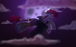 Size: 1280x788 | Tagged: safe, artist:gothalite, oc, oc only, pegasus, pony, ear piercing, earring, flying, full moon, jewelry, moon, nose piercing, outdoors, pegasus oc, piercing, raised tail, solo, tail
