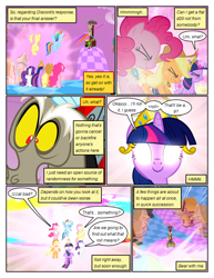 Size: 612x792 | Tagged: safe, artist:newbiespud, edit, edited screencap, screencap, applejack, discord, fluttershy, pinkie pie, rainbow dash, rarity, twilight sparkle, draconequus, earth pony, pegasus, pony, unicorn, comic:friendship is dragons, g4, the return of harmony, comic, dialogue, element of magic, eyes closed, female, flying, glowing, glowing eyes, male, mane six, mare, screencap comic, unicorn twilight