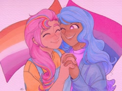 Size: 2048x1536 | Tagged: safe, artist:latiatonta, izzy moonbow, sunny starscout, human, g5, bisexual pride flag, dark skin, eyes closed, female, holding hands, humanized, lesbian, lesbian pride flag, pride, pride flag, pride month