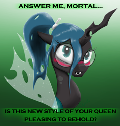 Size: 2200x2321 | Tagged: safe, artist:chopsticks, queen chrysalis, changeling, changeling queen, g4, alternate hairstyle, blushing, bone, cute, cutealis, dialogue, dork, dorkalis, fangs, female, glasses, high res, looking at you, ponytail, solo, sparkly wings, talking to viewer, text, wings