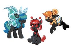 Size: 4138x2865 | Tagged: safe, artist:confetticakez, oc, oc only, oc:honey pot, oc:love bug, oc:moon bright, bee, beeling, changeling, insect, ladybug changeling, moth, mothling, original species, blue changeling, changeling oc, cute, cuteling, holeless, red changeling, simple background, white background, yellow changeling