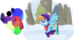 Size: 1100x590 | Tagged: safe, artist:plunger, rainbow dash, pegasus, pony, g4, my little pony best gift ever, angry, boots, clothes, female, flying, hat, looking at something, mare, scarf, shoes, snow, socks, solo, spread wings, tree, wings, winter outfit