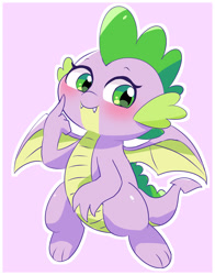 Size: 1636x2088 | Tagged: safe, artist:leo19969525, spike, dragon, g4, blushing, cute, flying, green eyes, looking at you, male, pink background, simple background, smiling, smiling at you, solo, spikabetes, spread wings, winged spike, wings