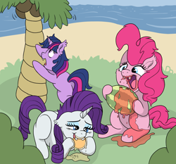 Size: 2316x2163 | Tagged: safe, artist:doodledonutart, pinkie pie, rarity, twilight sparkle, bat pony, bat pony unicorn, hybrid, pony, unicorn, wingless bat pony, g4, bat ponified, butt, coconut, comic, fangs, food, herbivore, high res, horn, juice, misleading thumbnail, orange, palm tree, pinkiebat, plot, race swap, raribat, tree, twibat, unicorn twilight, watermelon, wingless