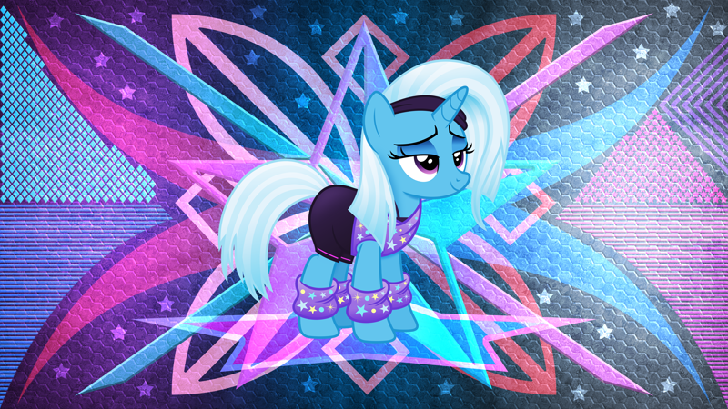 2887051 - safe, artist:anime-equestria, artist:laszlvfx, edit, trixie,  pony, unicorn, 80s, alternate hairstyle, clothes, female, headband, horn,  leg warmers, lidded eyes, mare, shorts, smiling, solo, vector, wallpaper,  wallpaper edit, workout outfit ...