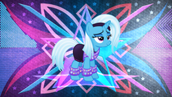 Size: 5120x2880 | Tagged: safe, artist:anime-equestria, artist:laszlvfx, edit, trixie, pony, unicorn, g4, 80s, alternate hairstyle, clothes, female, headband, horn, leg warmers, lidded eyes, mare, shorts, smiling, solo, vector, wallpaper, wallpaper edit, workout outfit