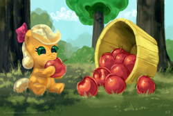 Size: 1200x800 | Tagged: safe, alternate version, artist:kp-shadowsquirrel, applejack, earth pony, pony, g4, apple, baby, baby pony, babyjack, basket, bow, bucket, dappled sunlight, eating, female, filly, filly applejack, foal, food, herbivore, sitting, solo, younger