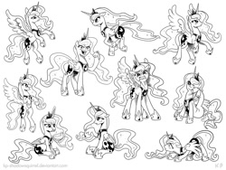 Size: 1200x900 | Tagged: safe, alternate version, artist:kp-shadowsquirrel, princess luna, alicorn, pony, g4, collage, female, monochrome, sketch, sketch dump, solo