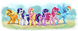 Size: 2500x1000 | Tagged: safe, alternate version, artist:kp-shadowsquirrel, applejack, fluttershy, pinkie pie, rainbow dash, rarity, twilight sparkle, earth pony, pegasus, pony, unicorn, g4, female, mane six, mare, unicorn twilight