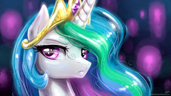 Size: 1920x1080 | Tagged: safe, alternate version, artist:kp-shadowsquirrel, princess celestia, alicorn, pony, g4, bust, crown, eyebrows, female, frown, jewelry, mare, regalia, shiny, shiny mane, signature, solo, wallpaper