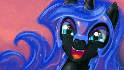 Size: 1920x1080 | Tagged: safe, artist:kp-shadowsquirrel, nightmare moon, alicorn, pony, g4, bust, cute, fangs, female, happy, looking at you, mare, moonabetes, open mouth, portrait, smiling, solo, wallpaper