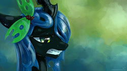 Size: 1920x1080 | Tagged: safe, artist:kp-shadowsquirrel, queen chrysalis, changeling, changeling queen, g4, alternate hairstyle, braces, bust, cute, cutealis, dork, dorkalis, female, frown, gritted teeth, hair ornament, hair over one eye, hairclip, lidded eyes, portrait, sad, solo, teeth, wallpaper