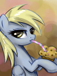 Size: 750x1000 | Tagged: safe, alternate version, artist:kp-shadowsquirrel, derpy hooves, pegasus, pony, g4, drinking, female, food, mare, muffin, solo, straw