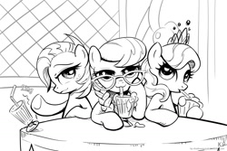 Size: 1500x1000 | Tagged: safe, alternate version, artist:kp-shadowsquirrel, babs seed, diamond tiara, silver spoon, earth pony, pony, g4, bedroom eyes, female, filly, foal, glasses, lineart, milkshake, monochrome