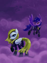 Size: 1200x1600 | Tagged: safe, alternate version, artist:kp-shadowsquirrel, firefly, surprise, pegasus, pony, g1, g4, butt, clothes, cloud, cloudy, costume, female, flying, g1 to g4, generation leap, mare, plot, shadowbolts, shadowbolts costume, surprisamena
