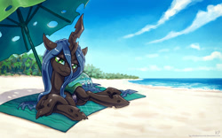 Size: 1600x1000 | Tagged: safe, alternate version, artist:kp-shadowsquirrel, queen chrysalis, changeling, changeling queen, g4, beach, beach blanket, beach umbrella, female, lying down, ocean, solo, water