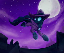 Size: 1500x1250 | Tagged: safe, alternate version, artist:kp-shadowsquirrel, mare do well, pony, g4, cape, clothes, full moon, house, houses, in the air, moon, night, night sky, outdoors, rooftop, sky, solo