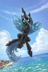 Size: 1100x1650 | Tagged: safe, alternate version, artist:kp-shadowsquirrel, queen chrysalis, changeling, changeling queen, g4, beach, cute, cutealis, female, insect wings, midair, ocean, open mouth, signature, solo, spread wings, water, wings