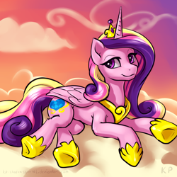 Size: 1500x1500 | Tagged: safe, alternate version, artist:kp-shadowsquirrel, princess cadance, alicorn, pony, g4, 2015, cloud, cloudy, female, folded wings, lying down, lying on a cloud, mare, on a cloud, prone, signature, smiling, solo, wings