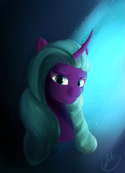Size: 2275x3150 | Tagged: safe, artist:tyleks, opaline arcana, alicorn, pony, g5, my little pony: make your mark, spoiler:g5, spoiler:my little pony: make your mark, bust, clip studio paint, colored, curved horn, female, high res, horn, mare, portrait, signature, simple background, smiling, smirk, solo