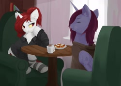 Size: 1782x1275 | Tagged: safe, artist:some_ponu, oc, oc only, oc:evelyn, oc:joyful journey, alicorn, pony, unicorn, fallout equestria, armchair, artificial alicorn, cake, chair, cheesecake, clothes, cup, cute, duo, eating, fangs, female, food, horn, mare, smiling, socks, stockings, striped socks, table, tea party, teacup, thigh highs, wings
