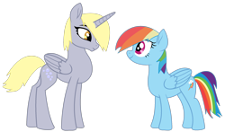 Size: 2493x1469 | Tagged: safe, artist:fantasia-bases, artist:twilyisbestpone, derpy hooves, rainbow dash, alicorn, pegasus, pony, g4, alicornified, base used, derpicorn, duo, duo female, eye contact, female, folded wings, full body, hooves, horn, looking at each other, looking at someone, mare, race swap, simple background, smiling, standing, tail, transparent background, wings, wrong eye shape