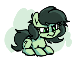 Size: 317x252 | Tagged: safe, artist:plunger, oc, oc only, oc:filly anon, pony, angry, crouching, female, filly, foal, lying down, nose wrinkle, prone, question mark, simple background, solo