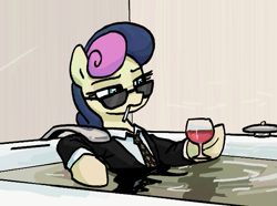 Size: 597x444 | Tagged: safe, artist:plunger, bon bon, sweetie drops, earth pony, pony, g4, alcohol, bathroom, bathtub, bon bon is not amused, cigarette, clothes, drawthread, eyebrows, female, glass, holding, hoof hold, magnetic hooves, mare, necktie, no fucks, ponified, reflection, smoking, solo, suit, sunglasses, tap, unamused, underhoof, water, wine, wine glass