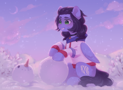 Size: 1469x1080 | Tagged: safe, artist:floweryoutoday, oc, oc only, oc:skiu, pegasus, pony, bell, bell collar, clothes, collar, commission, smiling, snowman, solo, winter