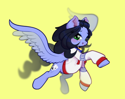 Size: 2600x2067 | Tagged: safe, artist:rrd-artist, oc, oc only, oc:skiu, pegasus, pony, bell, bell collar, clothes, collar, commission, eyeshadow, high res, makeup, simple background, smiling, solo, spread wings, wings