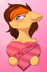 Size: 1240x1915 | Tagged: safe, artist:wolfypon, oc, oc:aerion featherquill, pegasus, pony, blushing, box of chocolates, chest fluff, commission, ear fluff, female, floppy ears, holiday, mare, solo, tsundere, valentine's day, ych result