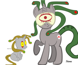 Size: 980x815 | Tagged: safe, artist:riygan, oc, oc only, oc:perish chime, oc:stone, gorgon, pony, snake, unicorn, blindfold, cute, equinox ponies, female, forked tongue, horn, mare, simple background, smiling, story included, text, transparent background