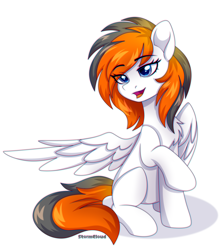 Size: 2200x2500 | Tagged: safe, artist:stesha, oc, oc only, oc:rainy sky, pegasus, pony, chromatic aberration, commission, eye clipping through hair, eyebrows, eyebrows visible through hair, female, high res, mare, raised hoof, simple background, sitting, solo, spread wings, white background, wings, ych result