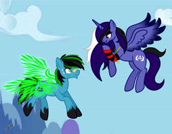 Size: 6636x5162 | Tagged: safe, artist:princessmoonsilver, oc, oc:dark moon silver, oc:tricket, alicorn, earth pony, pony, flying, spread wings, wings